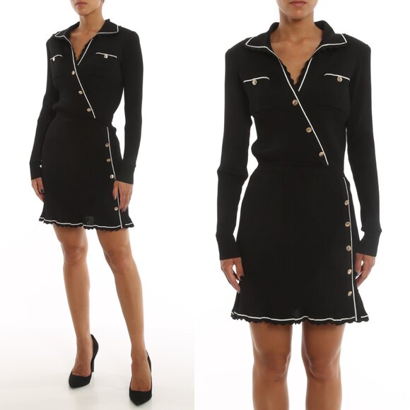 Self-Portrait Wrap Mini Dress Black Contrast Piping Ribbed Knit Chest Pockets - Picture 1 of 11